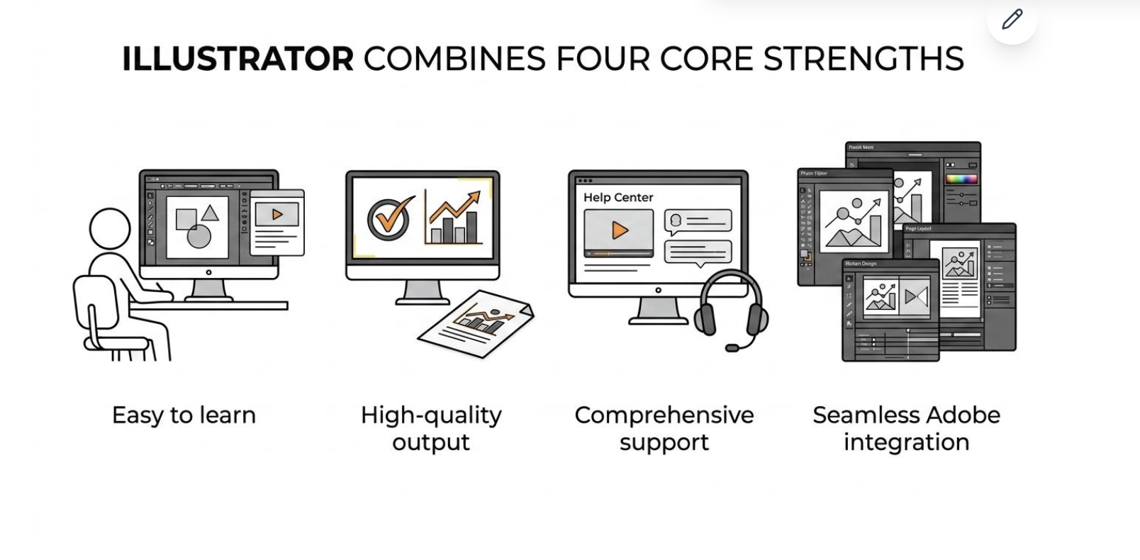 Illustration of Illustrator's four core strengths: easy to learn, high-quality output, comprehensive support and Adobe integration.