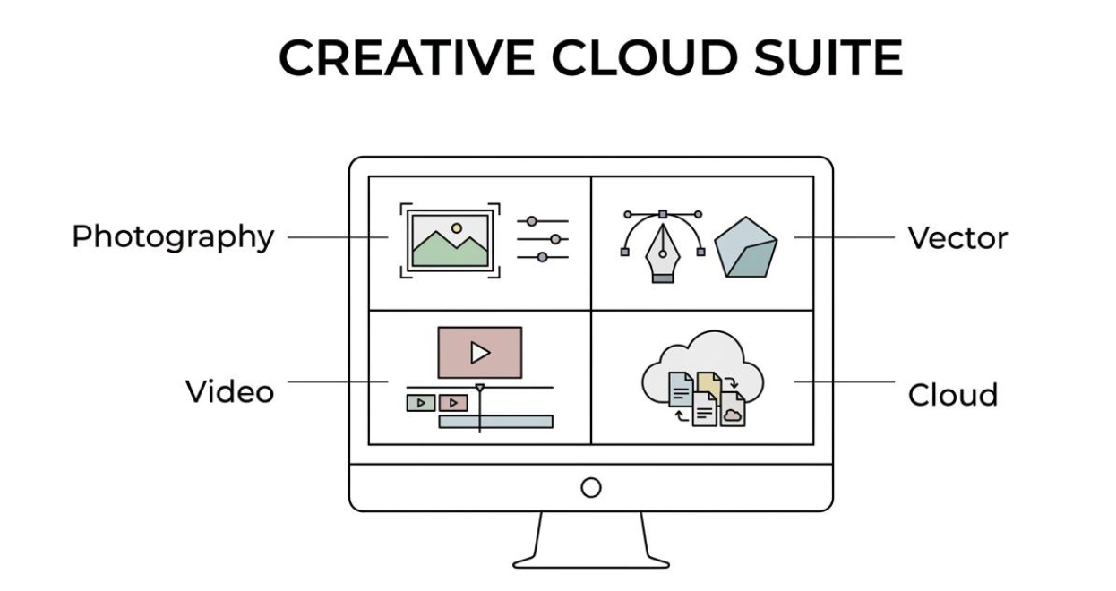 Diagram of the Adobe Creative Cloud suite showing photography, vector, video and cloud collaboration in one ecosystem.