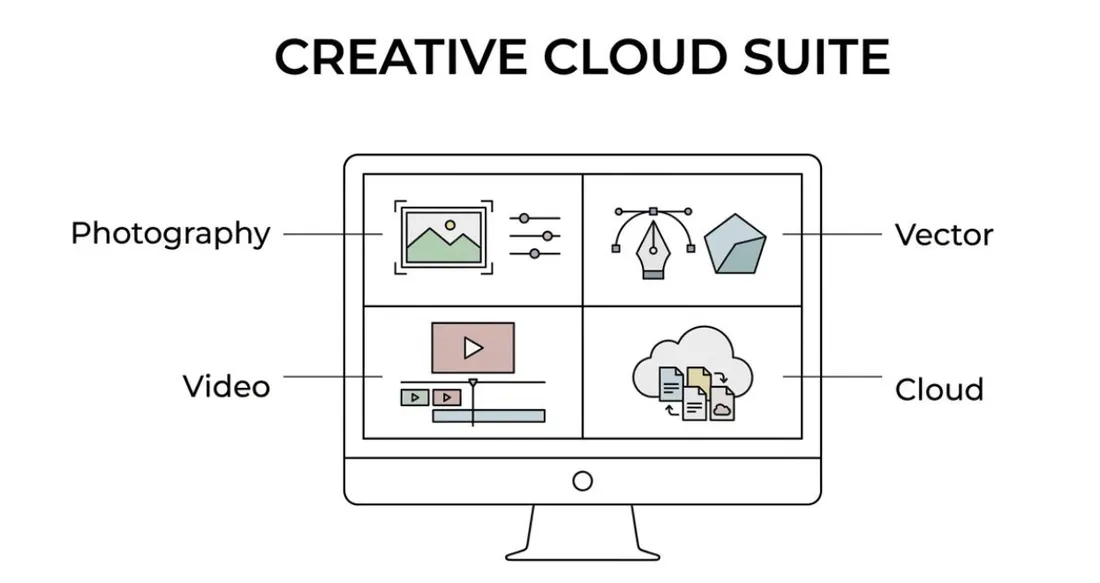 Diagram of the Adobe Creative Cloud suite showing photography, vector, video and cloud collaboration in one ecosystem.