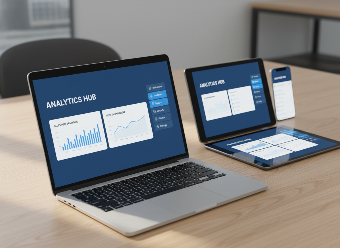 A clean, responsive web application interface displayed across three devices: a thin silver laptop, a glossy black tablet, and a frameless smartphone, all resting on a light oak desk with a subtle grain. The UI shows consistent branding, dashboards, and smooth navigation elements in modern blues and whites. Soft daylight from an unseen window to the left creates gentle highlights on the aluminum edges and glass screens, with faint shadows adding depth. Photographic realism with a balanced, eye-level composition places the laptop in the foreground and the smaller devices slightly behind, suggesting scalability. The mood is polished, professional, and trustworthy, highlighting seamless web application development across multiple platforms.