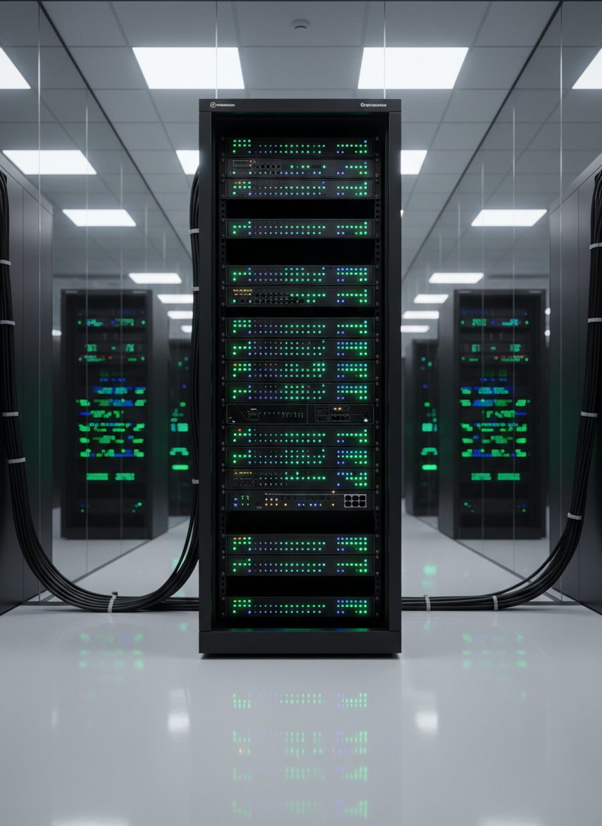 A sleek, dark steel server rack filled with softly glowing network equipment, each indicator light forming precise rows of green and blue dots. The rack stands in a spotless, glass-walled data center with reflective white floors and neatly organized black cabling. Cool, diffused overhead LED lighting creates a crisp, professional atmosphere, casting subtle reflections on the polished surfaces. Captured at eye level with a slightly angled perspective, the foreground equipment is in sharp photographic focus while the background racks blur gently into bokeh. The mood is secure, high-tech, and dependable, emphasizing enterprise-grade cyber security and digital infrastructure in a clean, modern aesthetic.